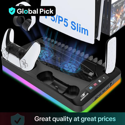 Charging Base Cooling Bracket Compatible with PS5 Console, Vertical Stand Cooling Fan, Multi-Functional Cooling & Charging Station