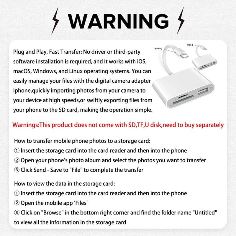 SD Card Reader OTG Adapter for Iphone, Memory Card Reader with USB Camera Adapter, Plug & Play Trail Game Camera SD Card Viewer for Ipad, SD Cards Reader