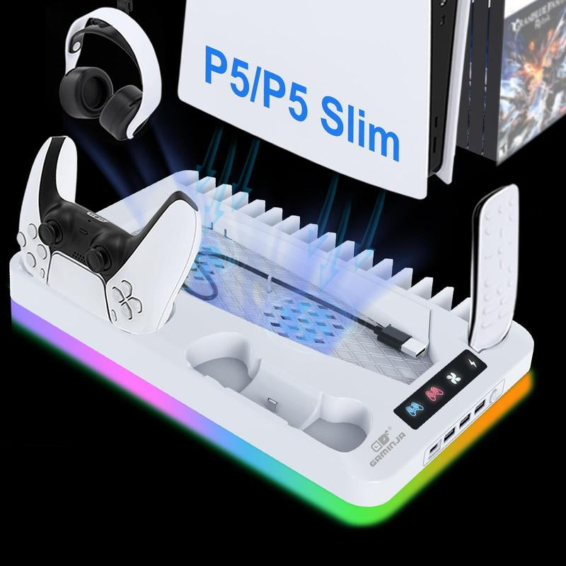 Charging Base Cooling Bracket Compatible with PS5 Console, Vertical Stand Cooling Fan, Multi-Functional Cooling & Charging Station
