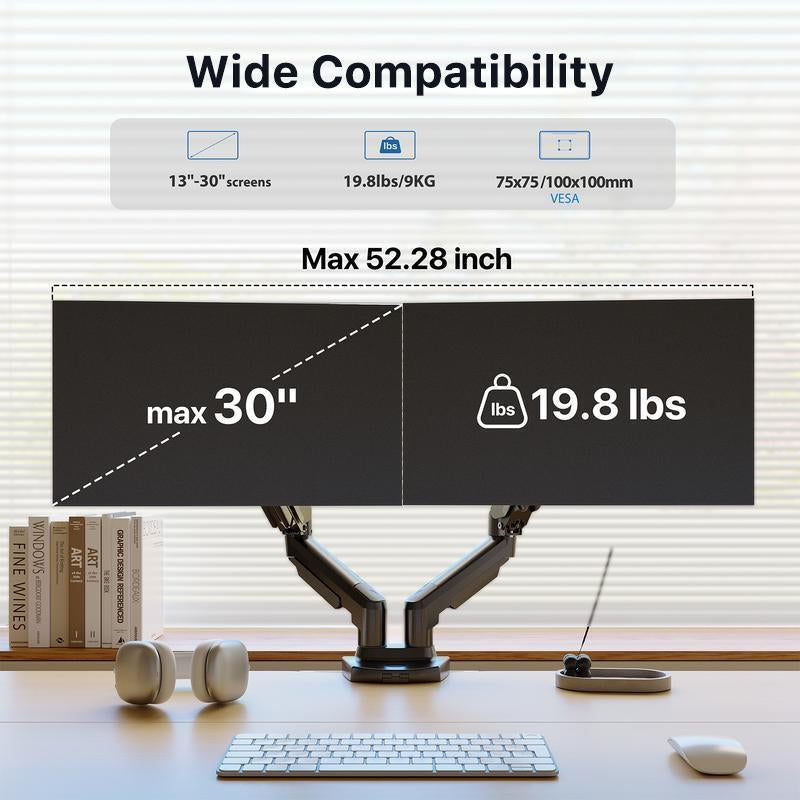 13"–30" Single/Dual/Triple Monitor Arm, Holds up to 19.8 Lbs per Arm, Adjustable Gas Spring Mount by HUANUO, with C-Clamp & Grommet Installation for Gaming and Home Office
