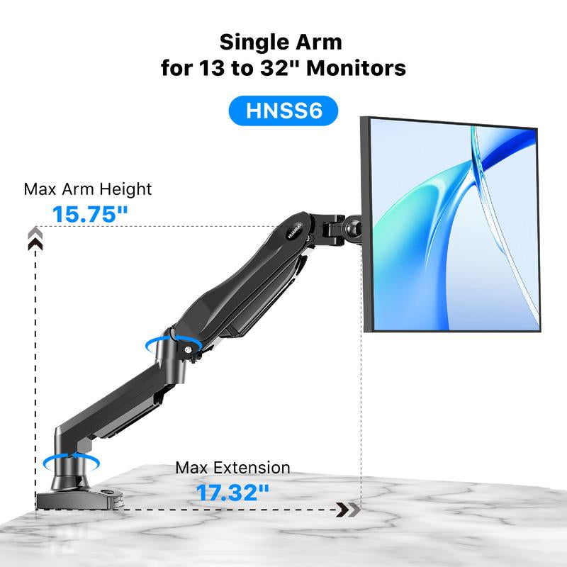 13"–30" Single/Dual/Triple Monitor Arm, Holds up to 19.8 Lbs per Arm, Adjustable Gas Spring Mount by HUANUO, with C-Clamp & Grommet Installation for Gaming and Home Office