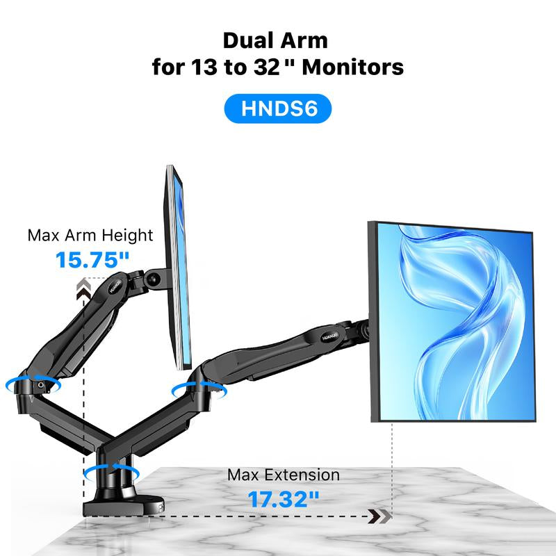 13"–30" Single/Dual/Triple Monitor Arm, Holds up to 19.8 Lbs per Arm, Adjustable Gas Spring Mount by HUANUO, with C-Clamp & Grommet Installation for Gaming and Home Office