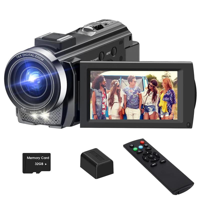 Dvc Camera, Full HD 1080P Video Recorder, 3-Inch Tft LCD Screen, 270° Rotating IPS Display, Includes Remote & 32GB Memory Card