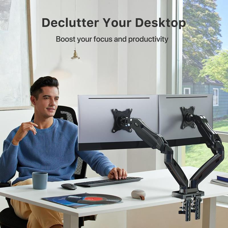 13"–30" Single/Dual/Triple Monitor Arm, Holds up to 19.8 Lbs per Arm, Adjustable Gas Spring Mount by HUANUO, with C-Clamp & Grommet Installation for Gaming and Home Office