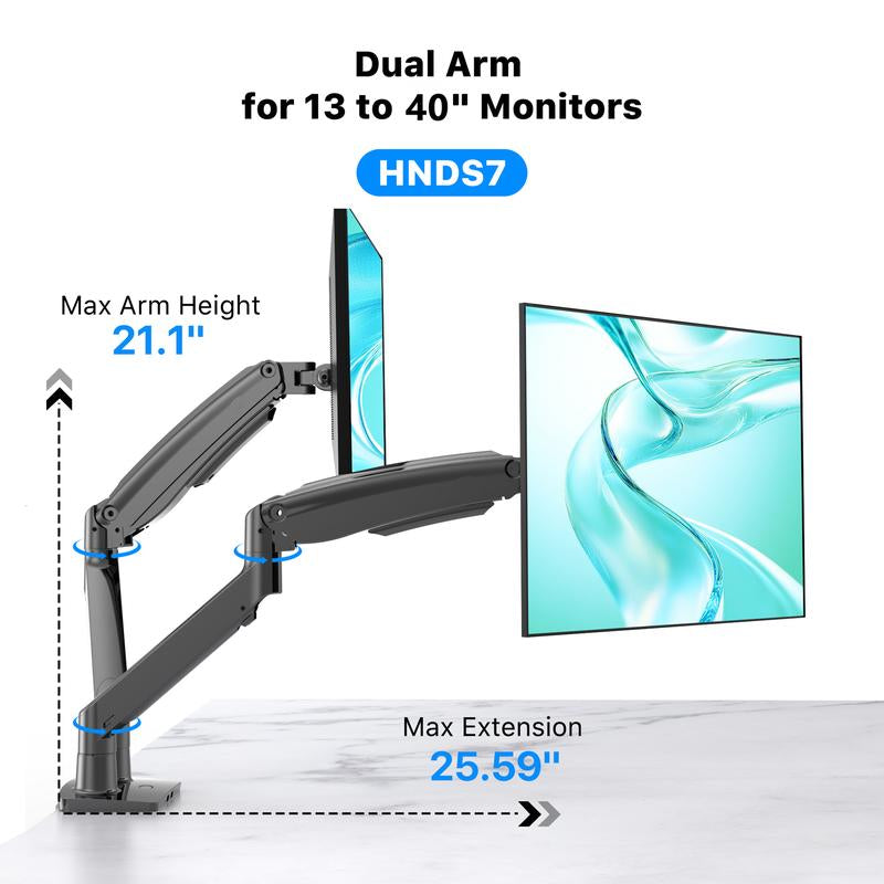 13"–30" Single/Dual/Triple Monitor Arm, Holds up to 19.8 Lbs per Arm, Adjustable Gas Spring Mount by HUANUO, with C-Clamp & Grommet Installation for Gaming and Home Office
