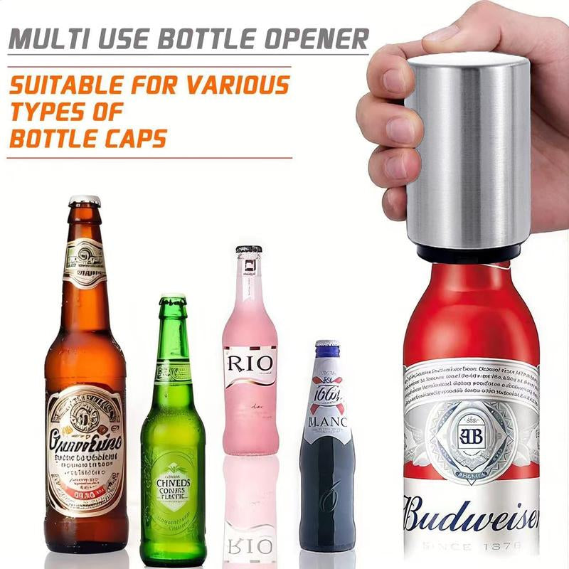 Premium Beer Bottle Opener (Silver), 1 PC Stainless Steel Automatic Push down No Damage Quick to Open Small Portable Bottle Cap Openers for Home Bars Picnic Camping Hiking