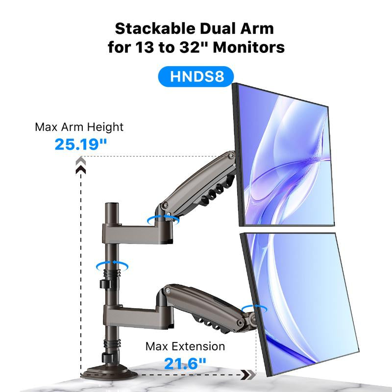 13"–30" Single/Dual/Triple Monitor Arm, Holds up to 19.8 Lbs per Arm, Adjustable Gas Spring Mount by HUANUO, with C-Clamp & Grommet Installation for Gaming and Home Office
