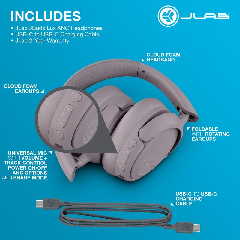 Jlab Jbuds Lux Active Noise Cancellation Wireless Bluetooth Headphones, Custom EQ, Over-Ear, Be Aware Safety Mode. Foldable, Iphone / Android, Wired