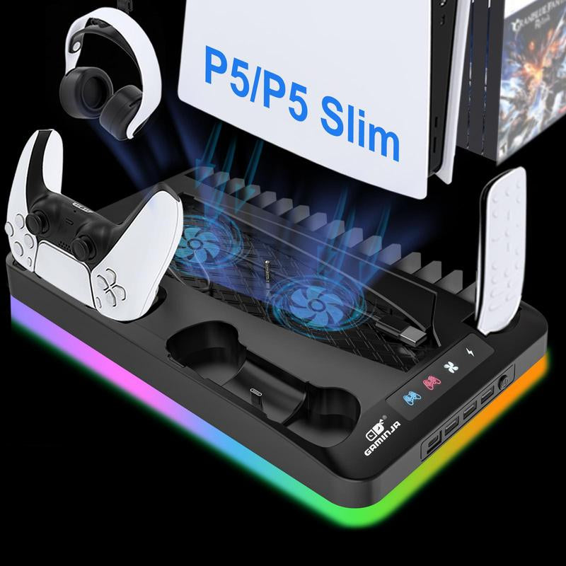 Charging Base Cooling Bracket Compatible with PS5 Console, Vertical Stand Cooling Fan, Multi-Functional Cooling & Charging Station