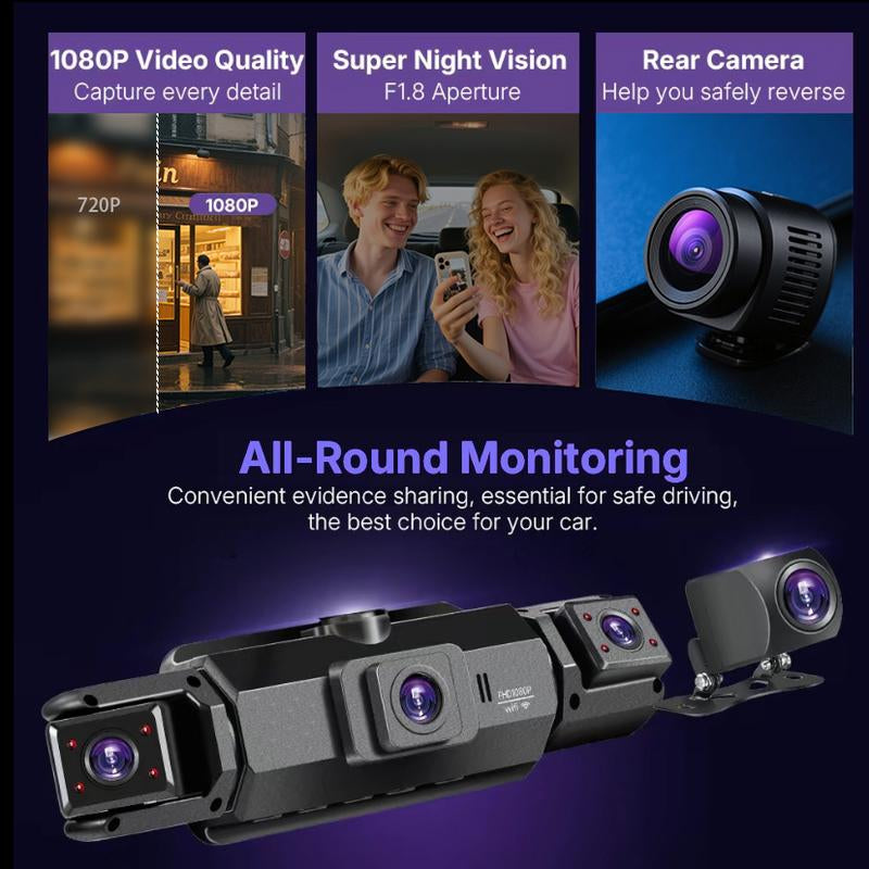 4 Channel Dash Cam with 360° Surround View Includes FREE OBD Cable for 24/7 Parking Monitor 4 Lens Front Rear inside Left Right Recording 4" Display, Built-In Wifi, 64GB Card Clear Night Vision, Hdr，Automotive Driving Recorder