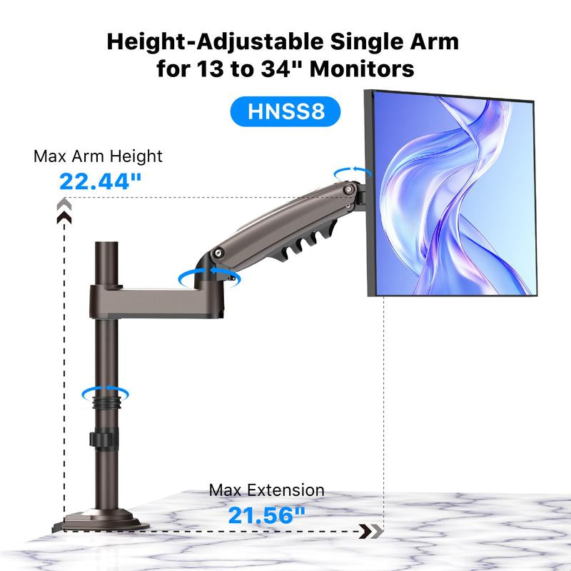 13"–30" Single/Dual/Triple Monitor Arm, Holds up to 19.8 Lbs per Arm, Adjustable Gas Spring Mount by HUANUO, with C-Clamp & Grommet Installation for Gaming and Home Office