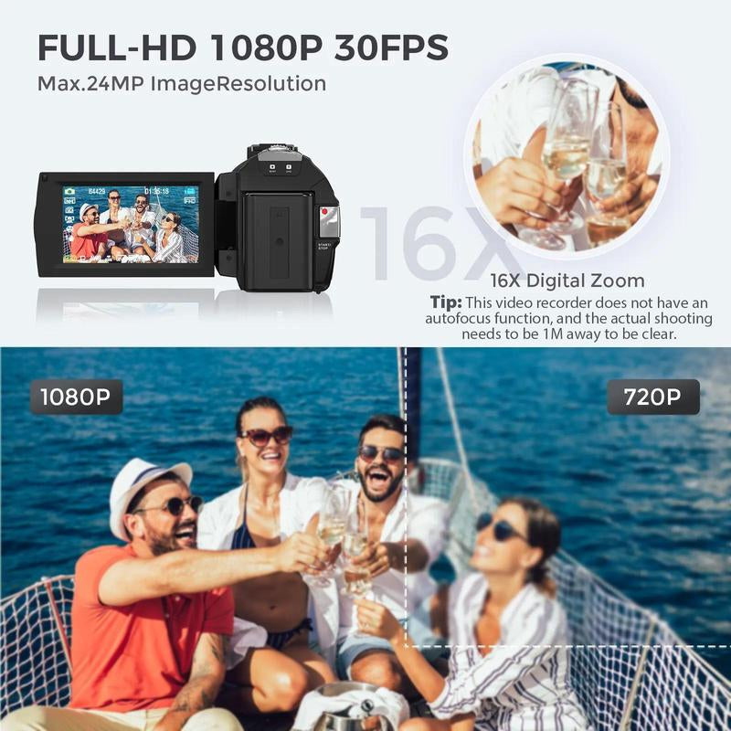 Dvc Camera, Full HD 1080P Video Recorder, 3-Inch Tft LCD Screen, 270° Rotating IPS Display, Includes Remote & 32GB Memory Card