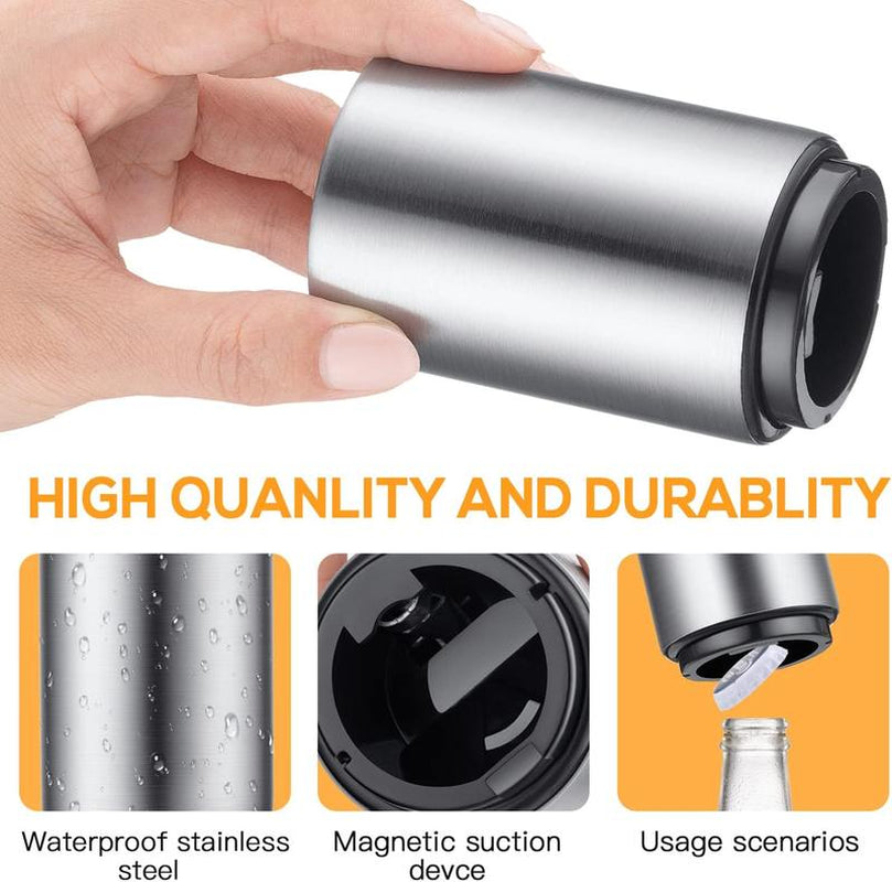 Premium Beer Bottle Opener (Silver), 1 PC Stainless Steel Automatic Push down No Damage Quick to Open Small Portable Bottle Cap Openers for Home Bars Picnic Camping Hiking