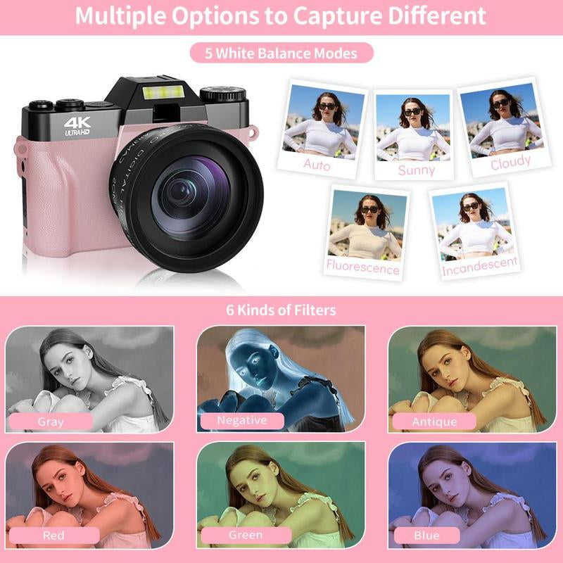 GLOBAL PICK 4K Digital Camera with 180° Flip Screen, 16X Digital Zoom Vlogging Camera, Autofocus Camera, Including Wide Angle & Macro Lens, 32GB TF Card, Ideal Gift Choice, Photographic Kit