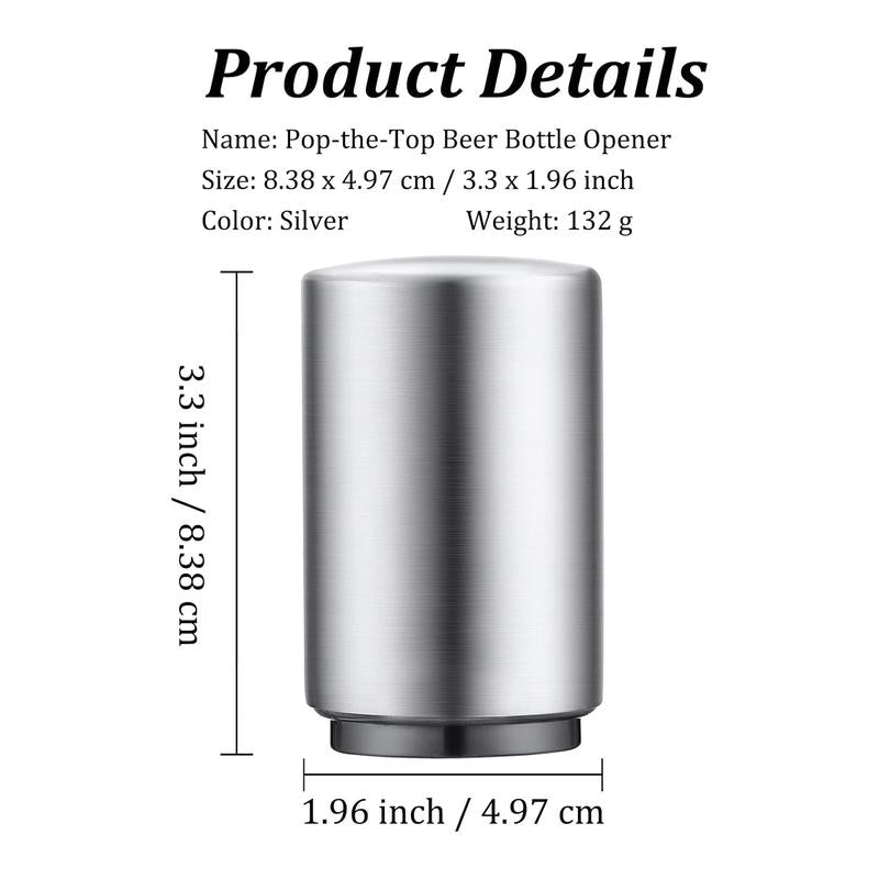 Premium Beer Bottle Opener (Silver), 1 PC Stainless Steel Automatic Push down No Damage Quick to Open Small Portable Bottle Cap Openers for Home Bars Picnic Camping Hiking