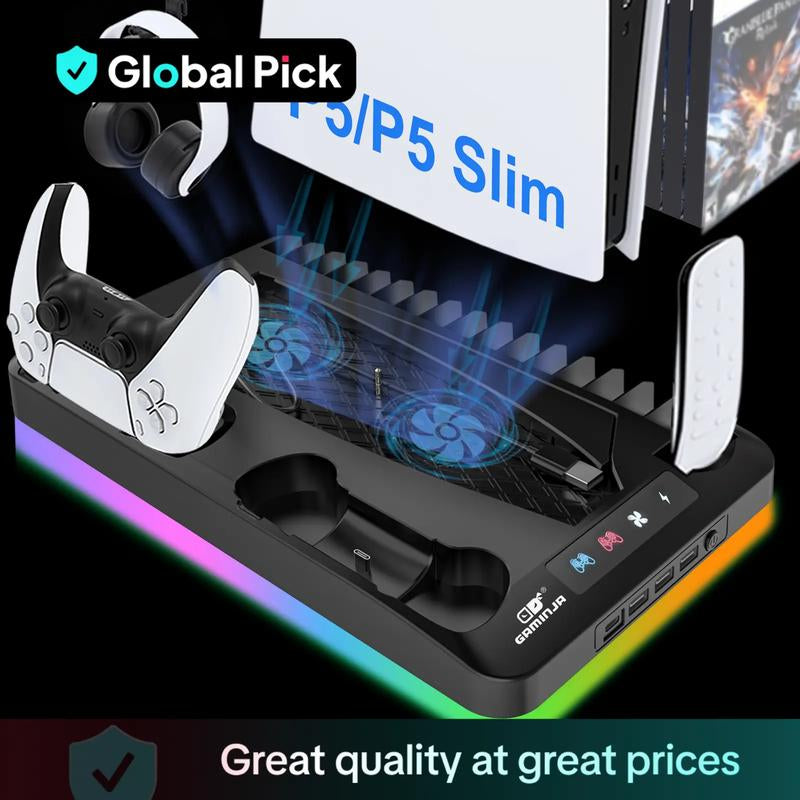 Charging Base Cooling Bracket Compatible with PS5 Console, Vertical Stand Cooling Fan, Multi-Functional Cooling & Charging Station